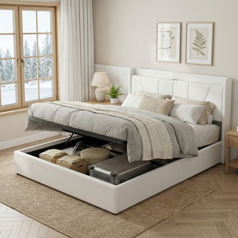Letto contenitore 160x200 con rete, letto matrimoniale capitonné con porte usb/type-c, testiera con vano di rangement, letto per adulti, lino, stile scandinavo, Beige