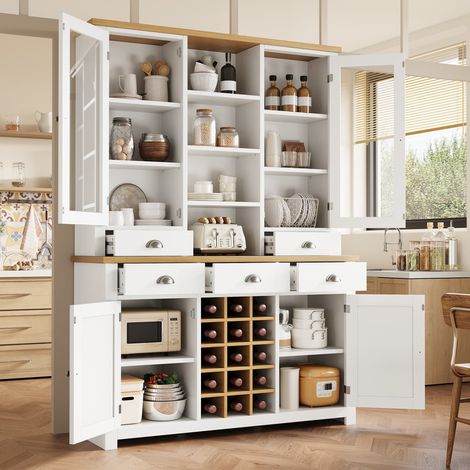 Buffet de cuisine haut avec anti-basculement - armoire de cuisine et salon avec Porte vitrée, fermeture soft closing et range-bouteilles amovible – Meuble de rangement
