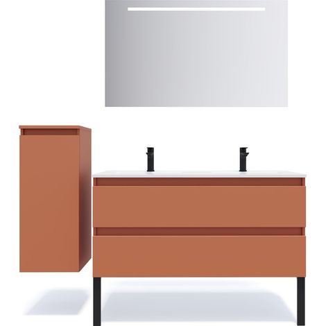 Meuble de salle de bain suspendu double vasque intégrée 120cm 2 tiroirs Terracotta + miroir + colonne ouverture gauche - Hudson (1/5)