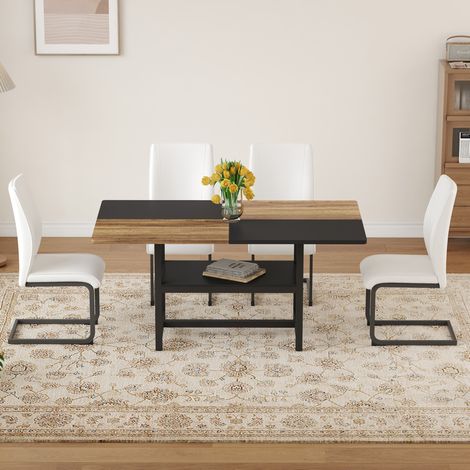 Lot de 5 table à manger rectangulaire 160 x 90 x 76 cm et 4 chaises blanches en cuir régénéré, MDF et métal, avec étagère de rangement intégrée FLORAGRACE (1/5)