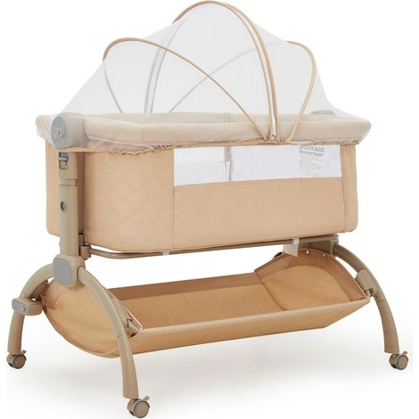 Lit bébé, lit bébé 3-en-1, lit de voyage, berceau,Lit réglable en hauteur avec matelas, moustiquaire et panier de rangement,Lit latéral pour nouveau-nés, kaki (1/5)