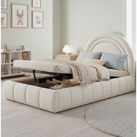 lit enfant rangement hydraulique 90x200 velours beige OKMYHOME (1/5)