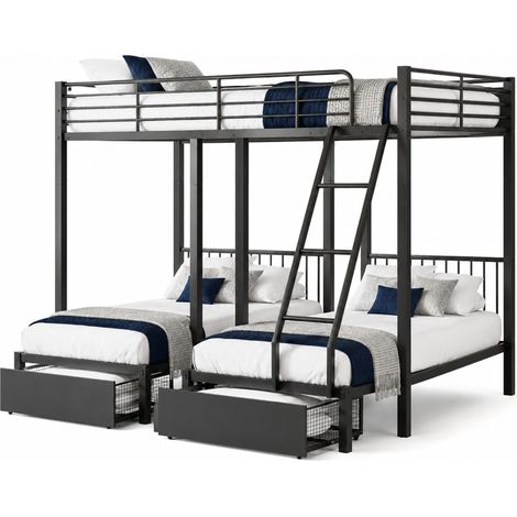 Lit superposé triple convertible 140 x 200 en 2 lits 90 x 200, avec 2 tiroirs de rangement, structure métal noir, pour famille nombreuse et gain de place - CHICFURN (1/5)