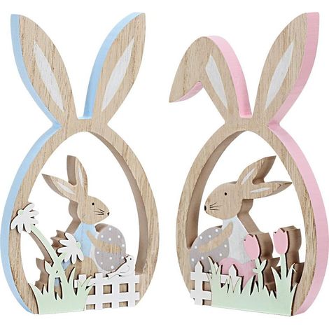 Ensemble de décorations de Pâques 2 pièces : Lapin rustique en bois avec plateau à œufs - Cadeau de Pâques pour enfants (1/5)