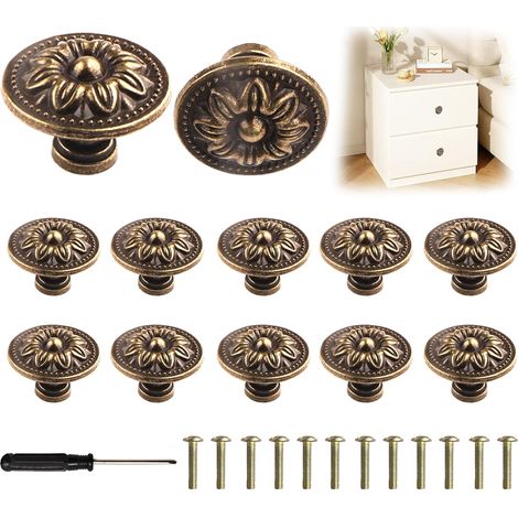12 Vintage-Möbelknöpfe mit bronzefarbenem Blumenmuster, 30 mm, inklusive Schrauben und Schraubendreher