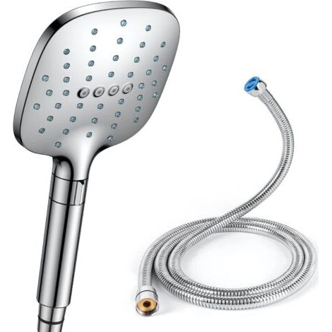Pommeau de Douche Anti Calcaire Douchette Douche Salle de Bain avec Tuyau Economie Deau Pomme de Douche Carrée Chrome (1/5)