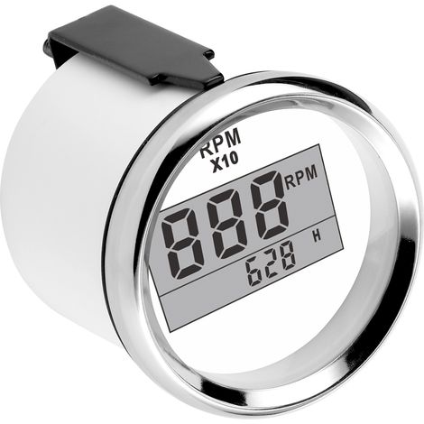 Drehzahlmesser (0–9990 U/min), IP67 wasserdicht, rote Hintergrundbeleuchtung, 52 mm/2 Zoll LCD-Display, 9–32 V, weißes Zifferblatt, silberne Abdeckung (1/5)