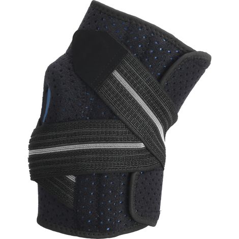 Sportliche Kniebandage mit Schutz und grauer Silikonpolsterung, ideal zum Laufen. Unterstützt das Kniegelenk. (1/5)