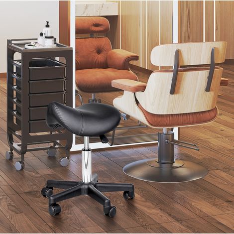 Sgabello ergonomico in similpelle nera con ruote, girevole 360°, altezza regolabile 45-55 cm, base in acciaio