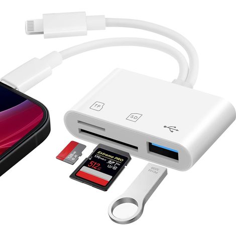 Lecteur de Carte SD pour iPhone, 3 en 2 Adaptateur Carte SD pour Micro SD/SD/TF/USB, Lecteurs Carte Mémoire Externes, Lecteur de Carte Micro SD/SD/TF/USB pour iPhone/iPad/Android (1/5)