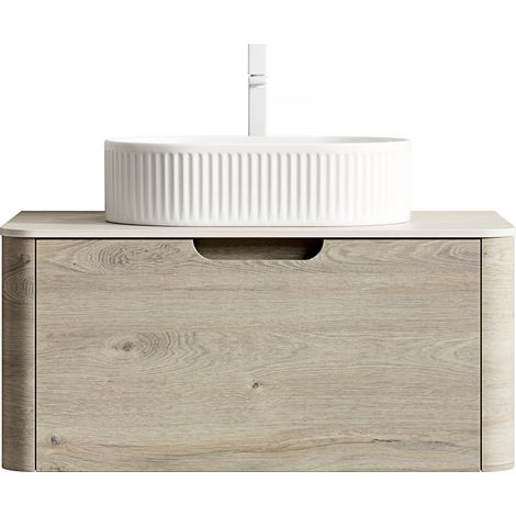 Mobile bagno sospeso 80 cm con lavabo ovale in ceramica e piano travertino (1/5)