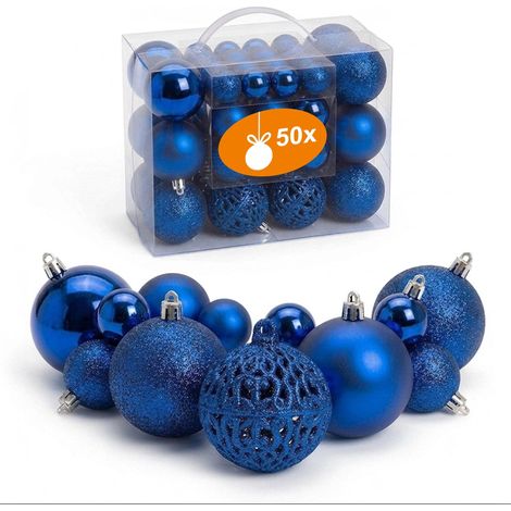 Kunststoff Christbaumkugel Set 50-teilig bruchsicher - blau - Design Weihnachtskugeln inklusive Metall Haken