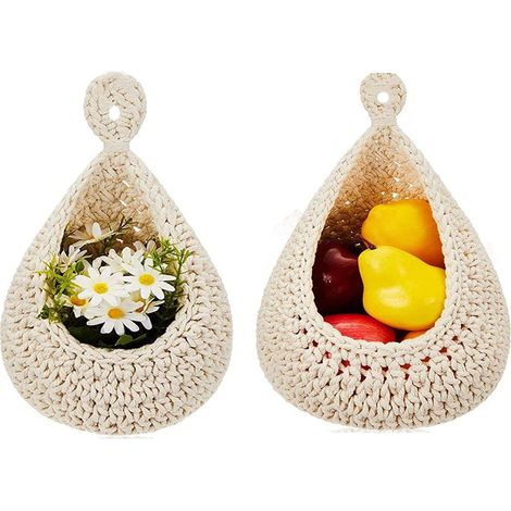 Lot de 3 paniers muraux suspendus, paniers à oignons, porte-manteaux, rangement bohème, crochet mural pour fruits pour cuisine, mur, maison, restaurant, rangement, légumes, 3 tailles (blanc) (1/5)