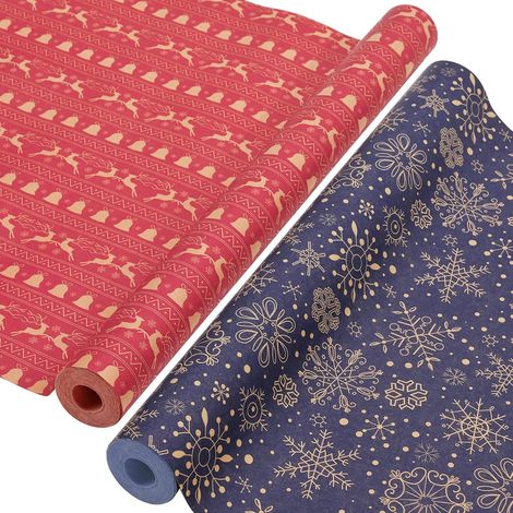 2 Rouleau Kraft Papier Cadeau Noël, 43cm×15m Recyclable Papier Emballage Cadeaux Noel avec Motifs Fins pour Enfant Emballage des Cadeaux, Décor de Noël (B : Reindeer/Flocon de Neige Bleu) (1/5)