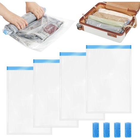 4 Stück Reisegepäck-Vakuumbeutel mit 4 Verschlussclips, Vakuum-Aufbewahrungsbeutel für Kleidung zum Platzsparen, handgerollte Vakuum-Kompressionsbeutel für Matratzen, Bettdecken