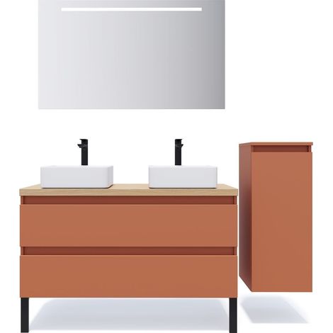 Meuble de salle de bain suspendu 2 vasques à poser 120cm 2 tiroirs Terracotta + miroir + colonne ouverture droite - Hudson (1/5)