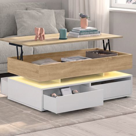 Mesa de centro rectangular con tablero elevable ELSA de 90 cm, 4 cajones con iluminación LED, de madera blanca y tablero con aca (1/5)
