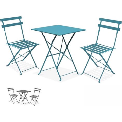 Set da Bistrot Quadrato da Esterno in metallo con 2 Sedie e 1 Tavolino - Set da giardino Pieghevole con design retrò - Colore Verde Acqua (1/5)