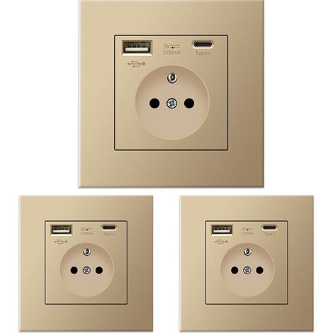 Lot de 3 prises murales avec USB et Type-C, 5 V 2,1 A, prise USB encastrée standard UE, multiprise France, 110-250 V (Doré) (1/5)