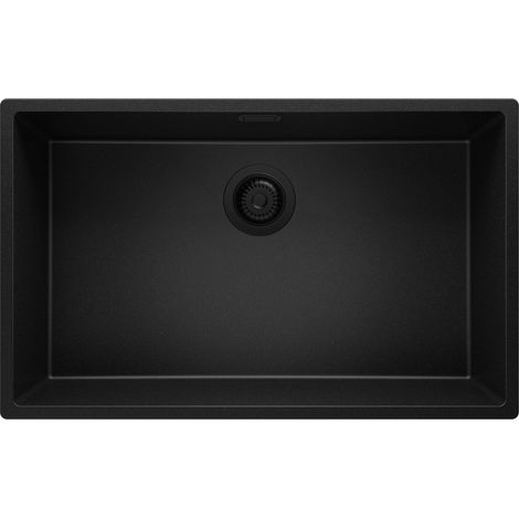 PRIMAGRAN Evier Sous Plan 76x47cm, Evier en Granit 1 bac + Kit de Vidage, Évier au meuble 80cm - London, Tout Noir