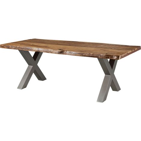 Table à manger 180x90 en bois de Sheesham sablé bois naturel pieds en X gris FREEFORM 5