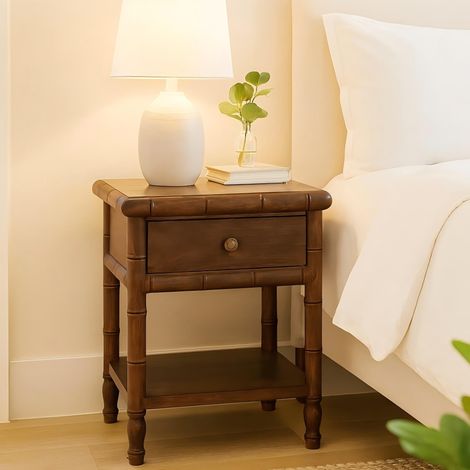 Table de chevet, en bois massif, bois et bambou, 1 tiroirs, pour maison et usage quotidien, brun, 1 fente ouverte, style moderne