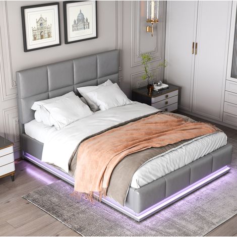 lit adulte 140 x 200 cm capitonné gris avec LED et coffre de rangement hydraulique (1/5)