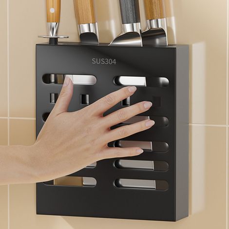Porte-ustensiles mural en acier inoxydable, étagère de rangement et d'égouttage pour baguettes, noir (1/5)
