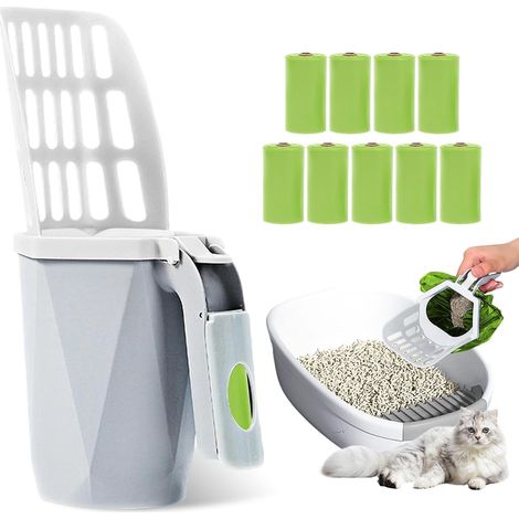 Pelle à litière pour chat avec récipient : litière pour chat pelle 2 en 1 pliable pour litière pour chat avec support et 10 rouleaux de sacs à déchets, pelle à litière pour chat pelle pour litière (1/5)