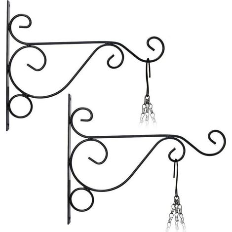 2-teiliges Wand-Pflanzenhaken-Set (26 cm x 21 cm) Hängender Blumentopfhalter Windspiel Laterne Metall-Gartenkorb für Gartendekoration (Schwarz)