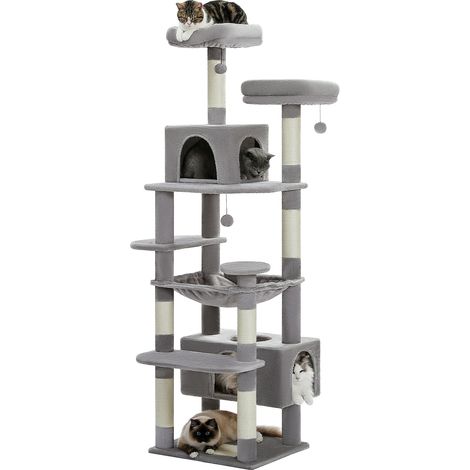 Pawz Road – Arbre à chat géant 184 cm – Poteau griffoir sisal – Panier 51 x 41 cm – Maison 53 x 30 x 25 cm – 3 niveaux pour chats