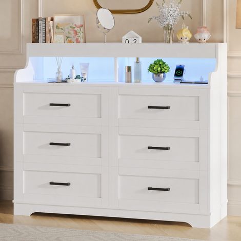Buffet Connectée 6 Tiroirs LED RGB Blanche Meuble Rangement Scandinave de Chambre avec Prises AC USB Intégrées et Niches (1/5)
