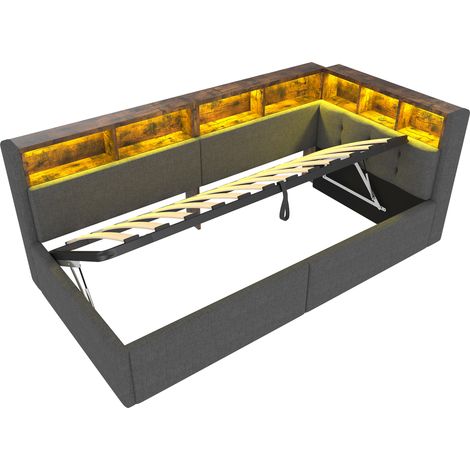 Cama diván 90 x 200 cm con almacenaje hidráulico, LED multicolor, USB y USB-C, gris (1/5)