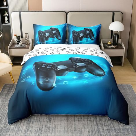 Parure de lit pour enfant garçon - Housse de couette de 135 x 200 cm - 100 % coton - Avec fermeture éclair - Motif manette de jeu vidéo - Bleu (1/5)