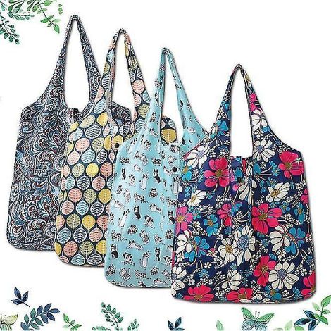 Lot de 4 sacs de courses réutilisables, 6 sacs lavables, sac de courses pliable, sac de plage, grand sac fourre-tout portable pour les courses quotidiennes et le rangement. (1/5)