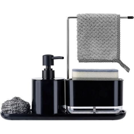 Distributeur de liquide 5 en 1, ensemble de savon de cuisine, organisateur de vaisselle noir pour évier (1/5)