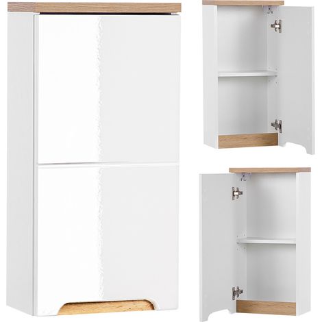 Badezimmer Hängeschrank SOLNA-56, Hochglanz weiß mit Wotaneiche, B x H x T ca. 35 x 70 x 20cm (1/5)
