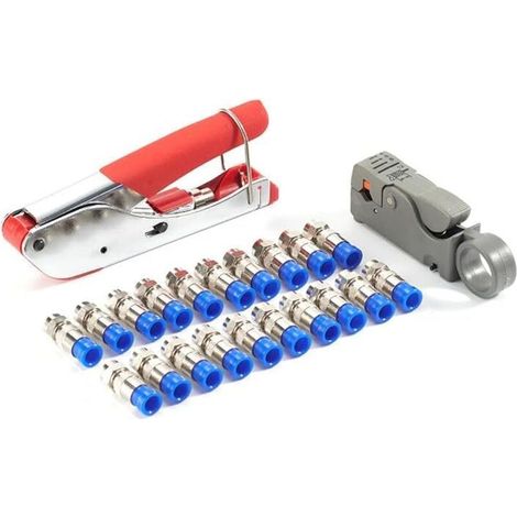 Koaxialkabel-Crimpzange, Koaxialkabel-Kompressionswerkzeug-Set mit Crimpzange, verstellbarer Doppelklingen-Abisolierer für RG59/6/58/174 Koaxialkabel, 20 Stecker