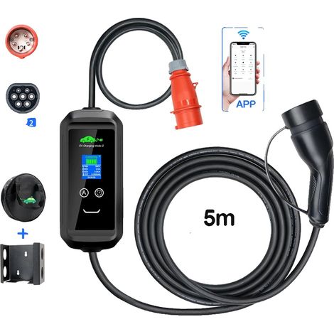 Chargeur EV 11 kW, câble de charge portable triphasé avec contrôle par application WiFi, surveillance LED pour une charge à domicile/en voyage plus rapide et plus sûre (1/2)