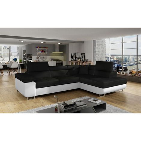 Ecksofa Schlafsofa SARRA Stoff Soft- Sawana Weiß-Schwarz Ottomane Rechts (1/5)