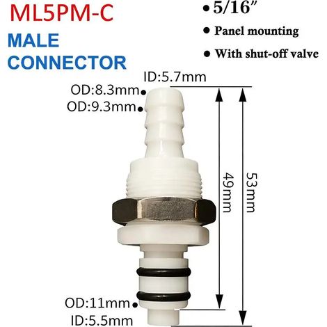(ML5PM) Raccord de déconnexion rapide pour tuyau, embout cannelé mâle/femelle, vanne, connecteur de tube 1/4, 5/16, 3/8 (1/5)