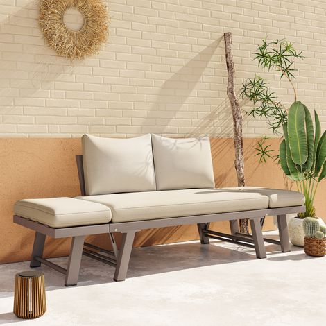 REDOM Sofá de jardín de 2 plazas, reposabrazos abatibles, convertible en tumbona, acero y poliéster beige (1/5)