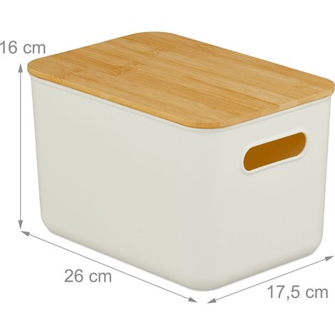 Relaxdays Aufbewahrungsbox, 2er Set, Deckel, Kunststoff, Bambus, Griff,  HxBxT: 16 x 26 x 17,5 cm, Organizer, wei/natur