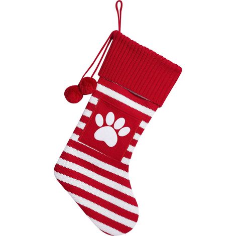 Chaussette De Noël - Tricotée À Rayures Avec Motif Patte De Chien - Pour Cheminée Arbre De Noël Décoration Festive - 50 X 27 X 3 Cm - 1 Pièce (1/5)