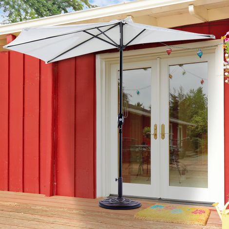 Demi-parasol crème demi-cercle 2,69 x 1,38 m – Aluminium avec mât démontable – Ouverture manivelle – 5 entretoises pour stabilité – MH