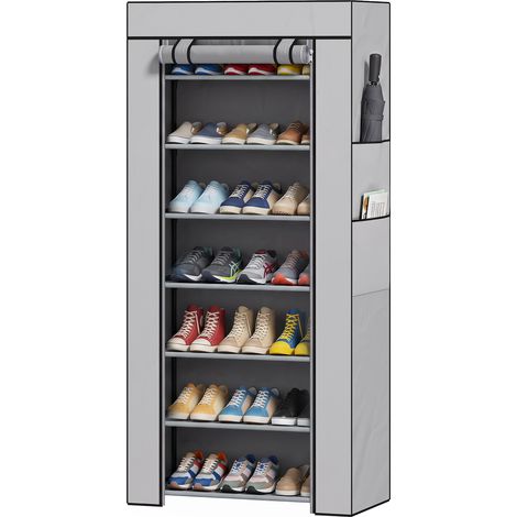 HOMCOM zapatero de 7 niveles, zapatero estrecho de acero con funda de tela no tejida, 2 bolsillos laterales, estantería para 14-21 pares, gris (1/5)