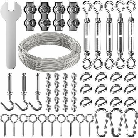 30m Corde en Acier Inoxydable à Suspendre Kit,2mm Câble en acier inoxydable revêtu avec Tendeur et Crochets,pour Suspension Lumineuse,plante grimpante,corde a linge,rideau pergola,rambarde. (1/5)