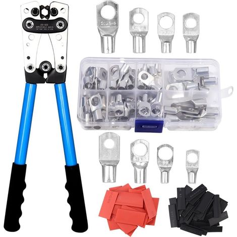Mehrschichtige elektrische Crimpzange AWG 10–0,6–50 mm² Kabelschuh-Crimpzange mit Kupferringanschlüssen + 60 Stück Schrumpfschläuche Ratschencrimpung (1/5)