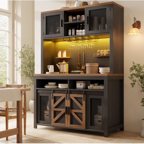 Armoire de cuisine 120x40x174.5 cm noire en MDF avec LED, prise intégrée et rangement modulable (1/5)