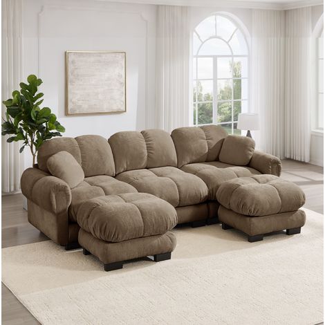 Sofá en U de 3 plazas en chenilla marrón con puf móvil y 2 cojines decorativos OKWISH (1/5)
